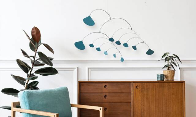 Teal Ginkgo Mobile Mid-Century Modern Hanging Kinetic Art - image 1