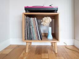 Oak Record Cabinet Mid Century Vinyl Storage, Turntable Stand, Small Space Unit - thumbnail 1