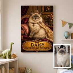 Personalised Royal Cat Canvas From Pet Photo, Custom Name Luxury Duchess Sofa Queen Statement Wall Art Gift For Mum Or Dad - thumbnail 2