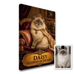 Personalised Royal Cat Canvas From Pet Photo, Custom Name Luxury Duchess Sofa Queen Statement Wall Art Gift For Mum Or Dad