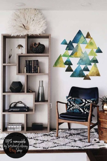 Triangles Wall Decal, Removable Abstract Decor, Reusable Geometric Sticker, Repositionable Natural Colors Green Hues #9W - image 1