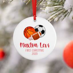 Sports Baby First Christmas Ornament, Personalized Ball Christmas, Football Basketball Soccer Ornament - thumbnail 1