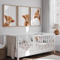 Peeking Highland Cow Nursery Print, Decor, Gift Kids Farm Bedroom Wall Watercolor Digital Print - thumbnail 3