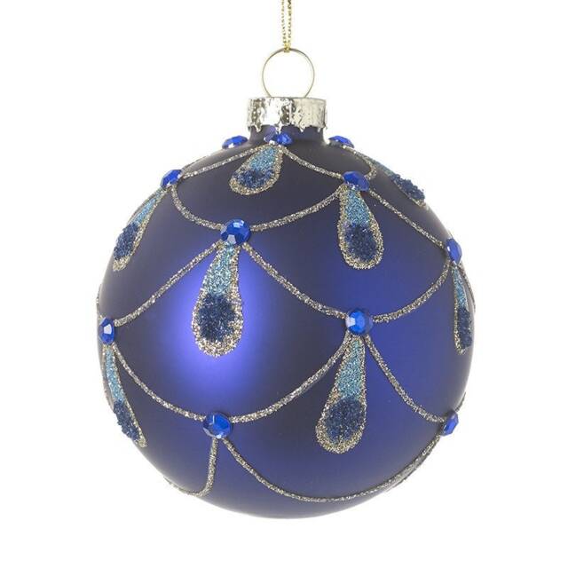 stunning Dark Blue & Gold Peacock Feather Patterned Glass Christmas Tree Bauble - Festive Winter Decor Classy Glam Gift Family Friends