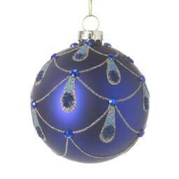stunning Dark Blue & Gold Peacock Feather Patterned Glass Christmas Tree Bauble - Festive Winter Decor Classy Glam Gift Family Friends
