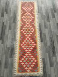 Multicolour Wool Runner, Handmade Artisan Afghan Turkish Persian Qashqai Moroccan Navajo Flatweave, Natural Kilim Rug 245x70 cm - thumbnail 1
