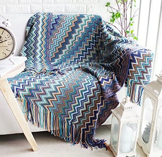 Blue Jazzy Bohemian Throw Style Throws Warm & Cozy Knitted Thick Sofa Cover Soft Blanket - image 1