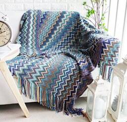 Blue Jazzy Bohemian Throw Style Throws Warm & Cozy Knitted Thick Sofa Cover Soft Blanket - thumbnail 1