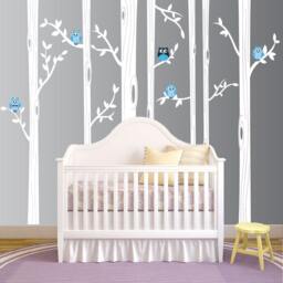 Birch Tree Wall Decal, Nursery Decal Set With Owl Birds Forest Vinyl Sticker, Baby Boy Whimsical Owls #1321