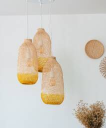 Handwoven Bamboo Pendant Light Set - Yellow & Natural Basket Lamps Cluster
