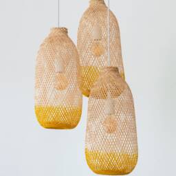 Handwoven Bamboo Pendant Light Set - Yellow & Natural Basket Lamps Cluster - thumbnail 3