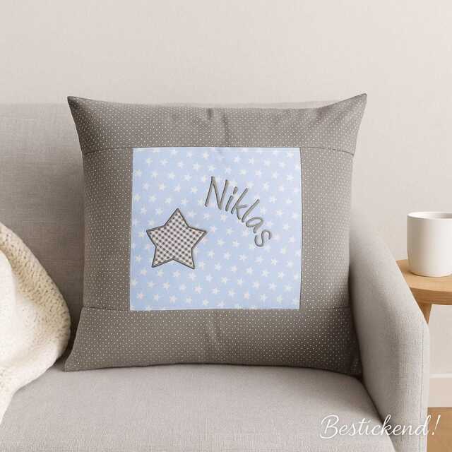 Embroidered Pillow Star + Name //Light Blue - Grey// 40x40 Pillowcase Gift Cuddly Cuddle Name - image 1