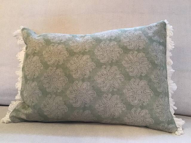 Floral Linen Cushion Cover Anoushka Green, Cream Fan Trim - image 1
