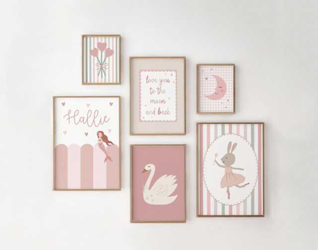 Girls Room Prints, Set Of 6, Gallery Wall Personalised Name Art, Nursery Decor, Neutral Bedroom - image 1