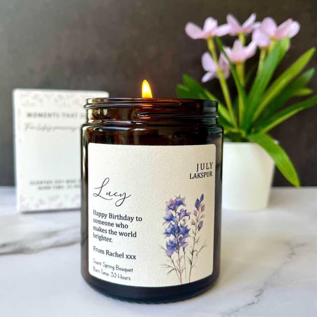 Personalised July Birthday Gift Scented Candle, Birth Flower, For Friend, Lakspur Flower - image 1
