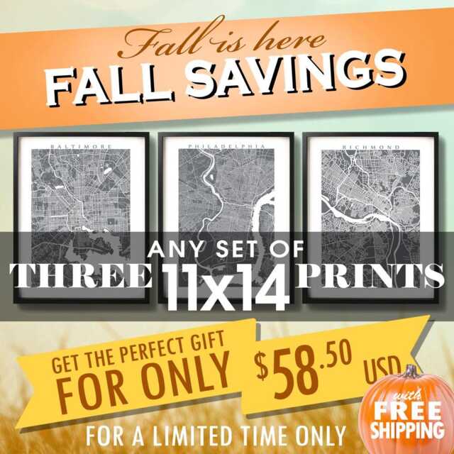 Set Of 3 Map Art Prints - Choose Your City 11x14 - image 1