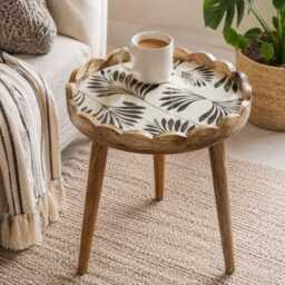 Palmera Handmade Mango Wood Side Table Scalloped Tray Top Floral Resin Accent Bedstand