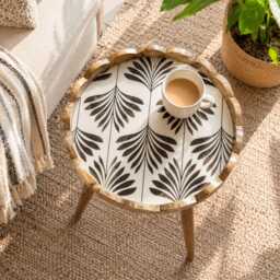 Palmera Handmade Mango Wood Side Table Scalloped Tray Top Floral Resin Accent Bedstand - thumbnail 4