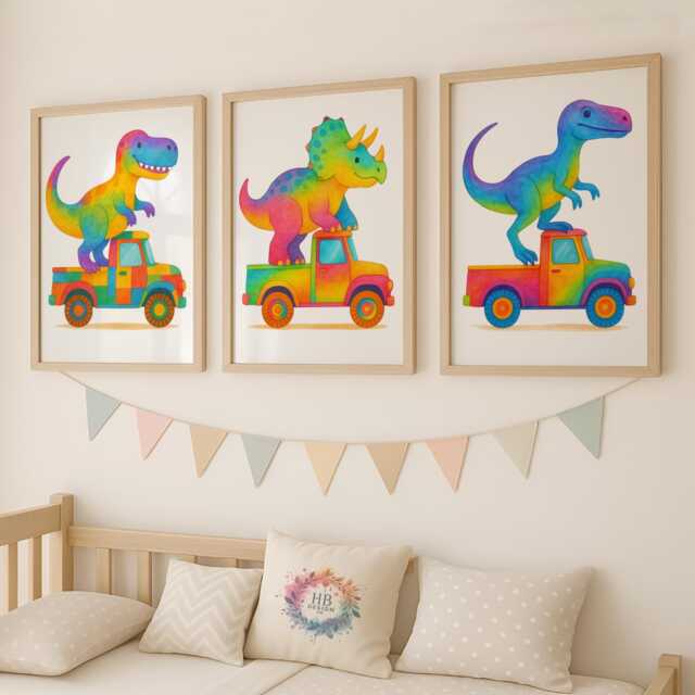 Cute Dino Truck Wall Art Set - Colourful Dinosaur Construction Vehicles A3 A4 Unframed Nursery Decor Gift For Kids Bedroom Prints - image 1
