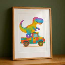 Cute Dino Truck Wall Art Set - Colourful Dinosaur Construction Vehicles A3 A4 Unframed Nursery Decor Gift For Kids Bedroom Prints - thumbnail 3
