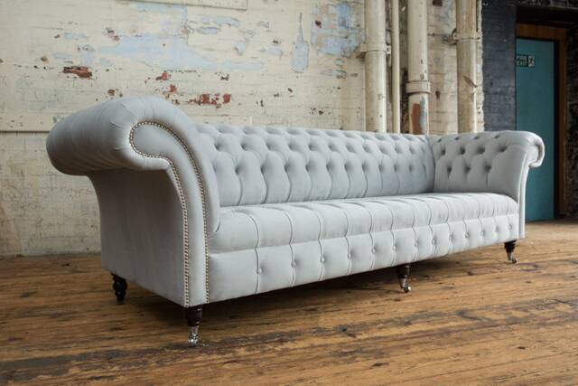 British Handmade Large 4 Seater Light Grey Velvet Fabric Chesterfield Sofa - image 1