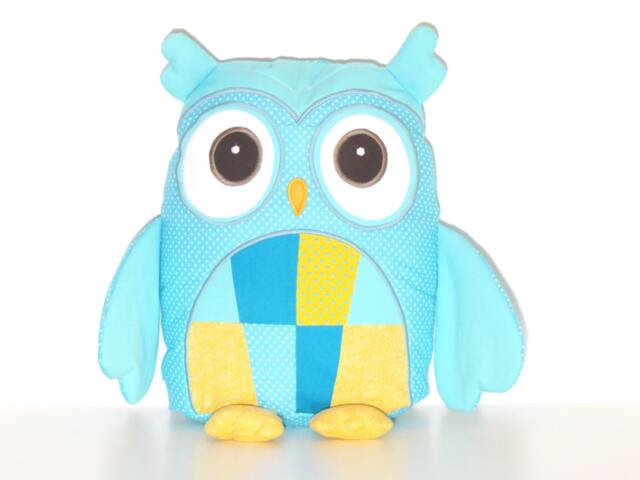 Plush Animal, Owl Pillow, Custom Pillow Case & Cushion, Coastal Blue Yellow Nursery - image 1