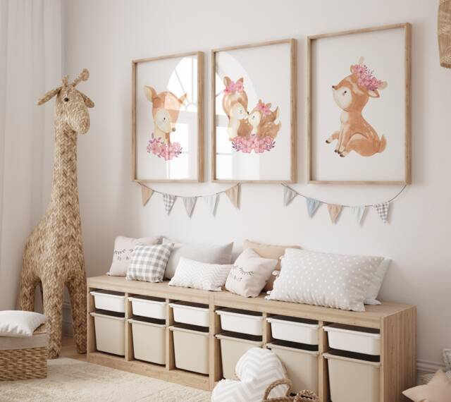 Deer Nursery Decor, Watercolour Deer, Art, Floral Prints, Woodland Girls Nursery, Fawn Flower Print, Bedroom Art - image 1