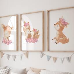 Deer Nursery Decor, Watercolour Deer, Art, Floral Prints, Woodland Girls Nursery, Fawn Flower Print, Bedroom Art - thumbnail 2