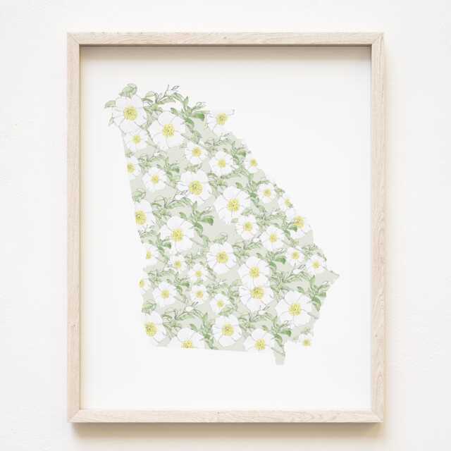 Georgia State Flower Map Watercolor Cherokee Rose - Art Print Wall Graduation Wedding Anniversary Realtor Moving Gift West Coast - image 1