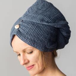 Linen Hair Towel Turban - Double Layer. Soft, Fast-Drying. Absorbent For Everyday Use. Blue Waffle Weave. Gift Women - thumbnail 2