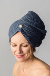 Linen Hair Towel Turban - Double Layer. Soft, Fast-Drying. Absorbent For Everyday Use. Blue Waffle Weave. Gift Women