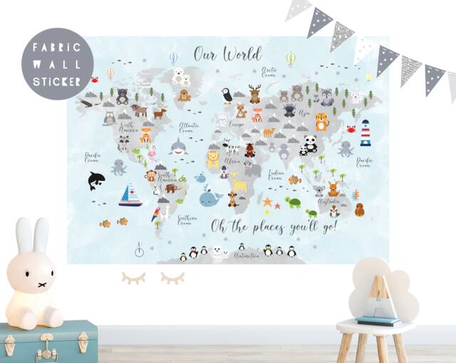 Animal World Map Fabric Wall Sticker Nursery Art - image 1