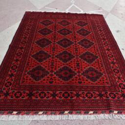 6x8 Red Blue Hand Knotted Bukhara Wool Carpet - High Pile Soft Geometric Rug - thumbnail 2