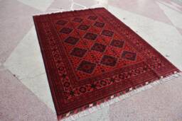 6x8 Red Blue Hand Knotted Bukhara Wool Carpet - High Pile Soft Geometric Rug - thumbnail 1