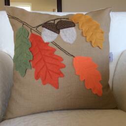 Fall Leaves Pillow Cover Burlap Acorn Applique, Thanksgiving Decor