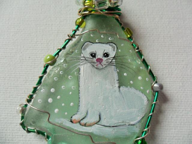 Hand Painted Ermine Christmas Ornament Beaded English Sea Glass - image 1