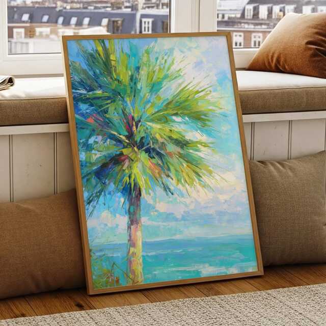 Seafoam Palm Horizon - Impressionist Tropical Tree Painting in Aqua Blues & Greens, Relaxed Coastal Wall Decor - image 1