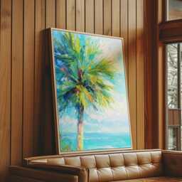 Seafoam Palm Horizon - Impressionist Tropical Tree Painting in Aqua Blues & Greens, Relaxed Coastal Wall Decor - thumbnail 3