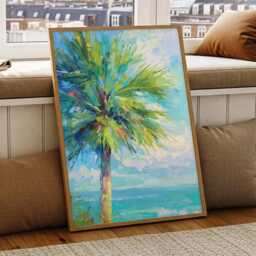 Seafoam Palm Horizon - Impressionist Tropical Tree Painting in Aqua Blues & Greens, Relaxed Coastal Wall Decor - thumbnail 1
