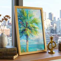 Seafoam Palm Horizon - Impressionist Tropical Tree Painting in Aqua Blues & Greens, Relaxed Coastal Wall Decor - thumbnail 2