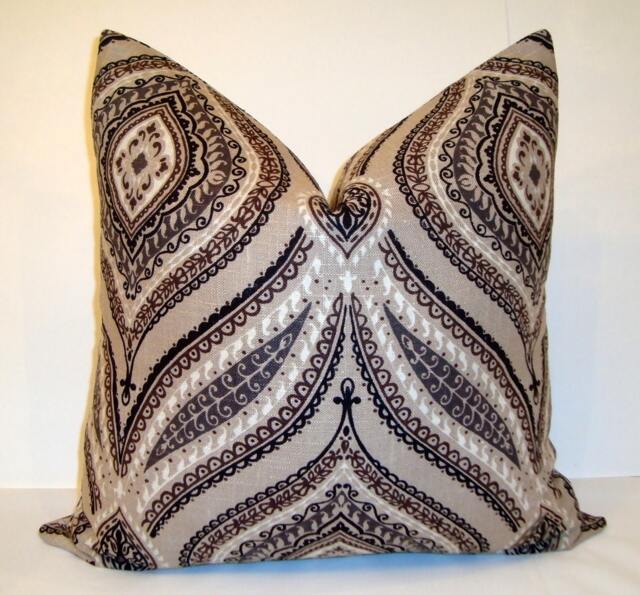 Damask Ikat Linen Pillow Cover, Grey Brown Sofa Cushion - 18x18 - image 1