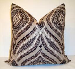 Damask Ikat Linen Pillow Cover, Grey Brown Sofa Cushion - 18x18 - thumbnail 1