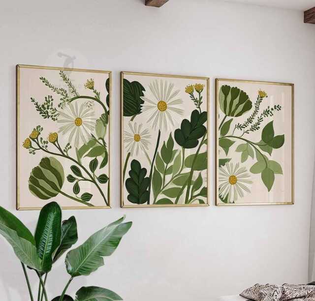 Set Of 3 Botanical Daisy Prints, Green Floral Wall Art, Modern Nature Poster Trio For Home Decor - image 1