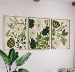 Set Of 3 Botanical Daisy Prints, Green Floral Wall Art, Modern Nature Poster Trio For Home Decor - thumbnail 1