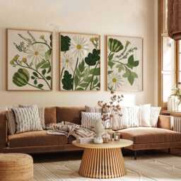 Set Of 3 Botanical Daisy Prints, Green Floral Wall Art, Modern Nature Poster Trio For Home Decor - thumbnail 2