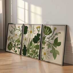 Set Of 3 Botanical Daisy Prints, Green Floral Wall Art, Modern Nature Poster Trio For Home Decor - thumbnail 3