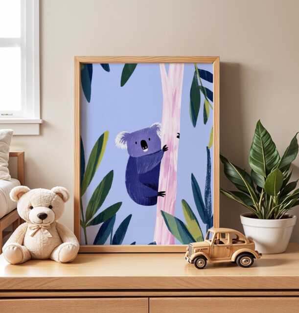 Koala Nursery Wall Art, Blue Animal Print, Kids Room Decor, Modern Baby Poster, Jungle Theme Illustration, Playroom Artwork - image 1