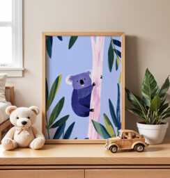 Koala Nursery Wall Art, Blue Animal Print, Kids Room Decor, Modern Baby Poster, Jungle Theme Illustration, Playroom Artwork - thumbnail 1