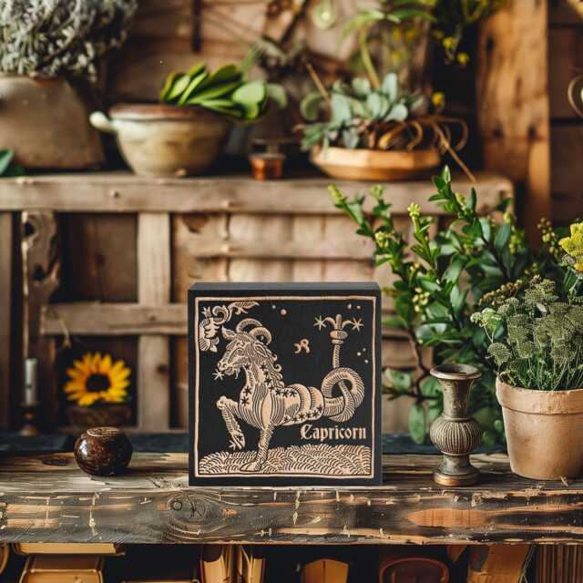 Capricorn Zodiac Engraved Birch Wood Panel - Block Print Style Wall Art, Astrology Sign Illustration, Astrological Decor Gift - image 1