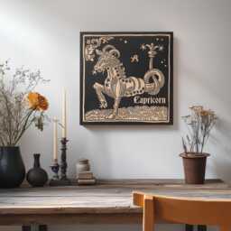 Capricorn Zodiac Engraved Birch Wood Panel - Block Print Style Wall Art, Astrology Sign Illustration, Astrological Decor Gift - thumbnail 2